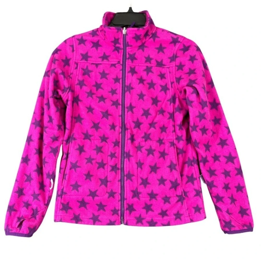 Lands End Fleece Full Zip Jacket Pink Purple Star Mock Neck Pockets L 14 Girls